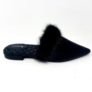 Birdies The Dove Onyx Black Womens Slip On Mink Fur Pointed Toe Mules